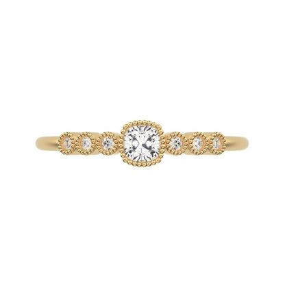 0.225 ct Cushion Cut Moissanite dainty halo Minimalist solitaire with accents bezel milgrain 14K / 18K Solid Yellow Gold everyday ring