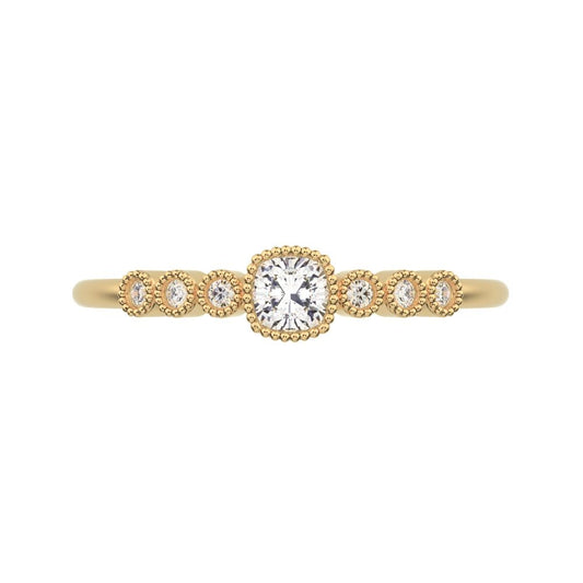 0.225 ct Cushion Cut Moissanite dainty halo Minimalist solitaire with accents bezel milgrain 14K / 18K Solid Yellow Gold everyday ring