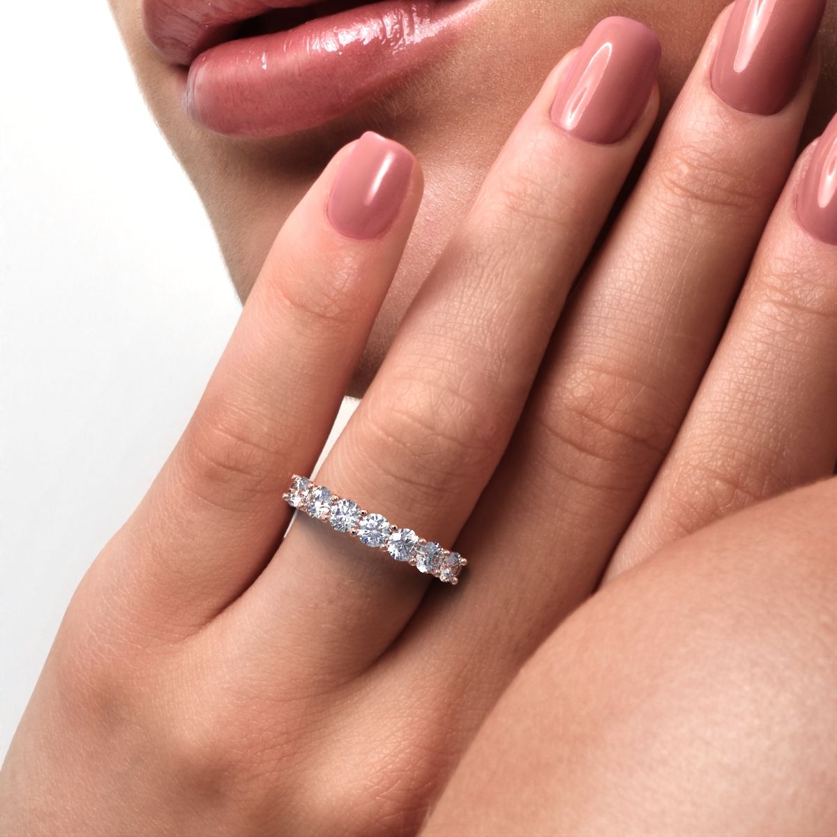 1.19 ct Round Cut Moissanite dainty Minimalist prong Stackable half eternity vintage 14K / 18K Solid Rose Gold everyday wedding band