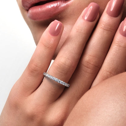 0.63 ct Round Cut Simulated Clear Diamond dainty Minimalist prong Stackable half eternity 14K / 18K Solid White Gold everyday wedding band