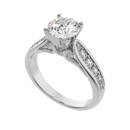 1.42 ct Round Cut Simulated Clear Diamond anniversary solitaire with accent channel classic 14K / 18K Solid White Gold engagement ring