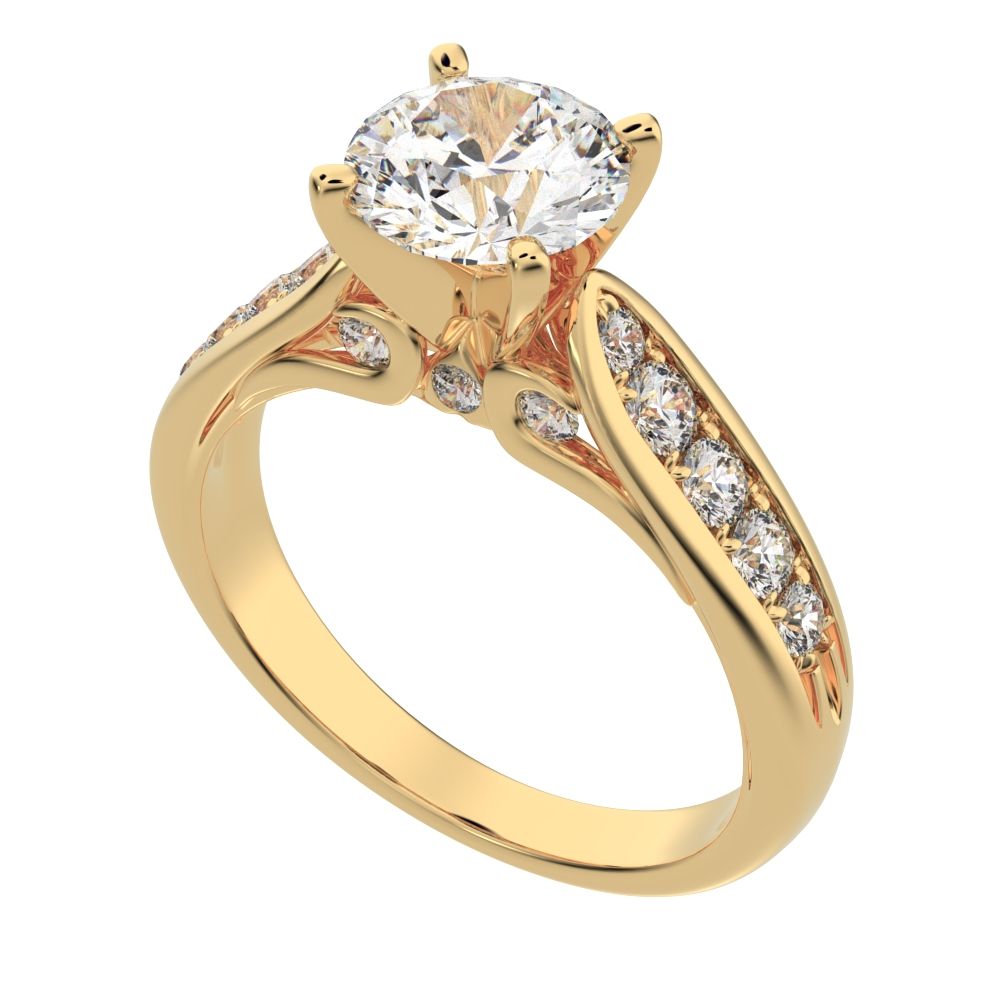 1.42 ct Round Cut Simulated Clear Diamond anniversary solitaire with accent channel classic 14K / 18K Solid Yellow Gold engagement ring