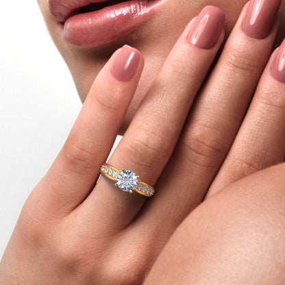 1.42 ct Round Cut Moissanite anniversary solitaire with accent channel classic vintage 14K / 18K Solid Yellow Gold engagement ring