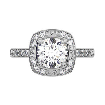 1.28 ct Round Cut Moissanite anniversary solitaire with accent halo classic vintage 14K / 18K Solid White Gold engagement ring