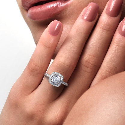 1.28 ct Round Cut Moissanite anniversary solitaire with accent halo classic vintage 14K / 18K Solid White Gold engagement ring