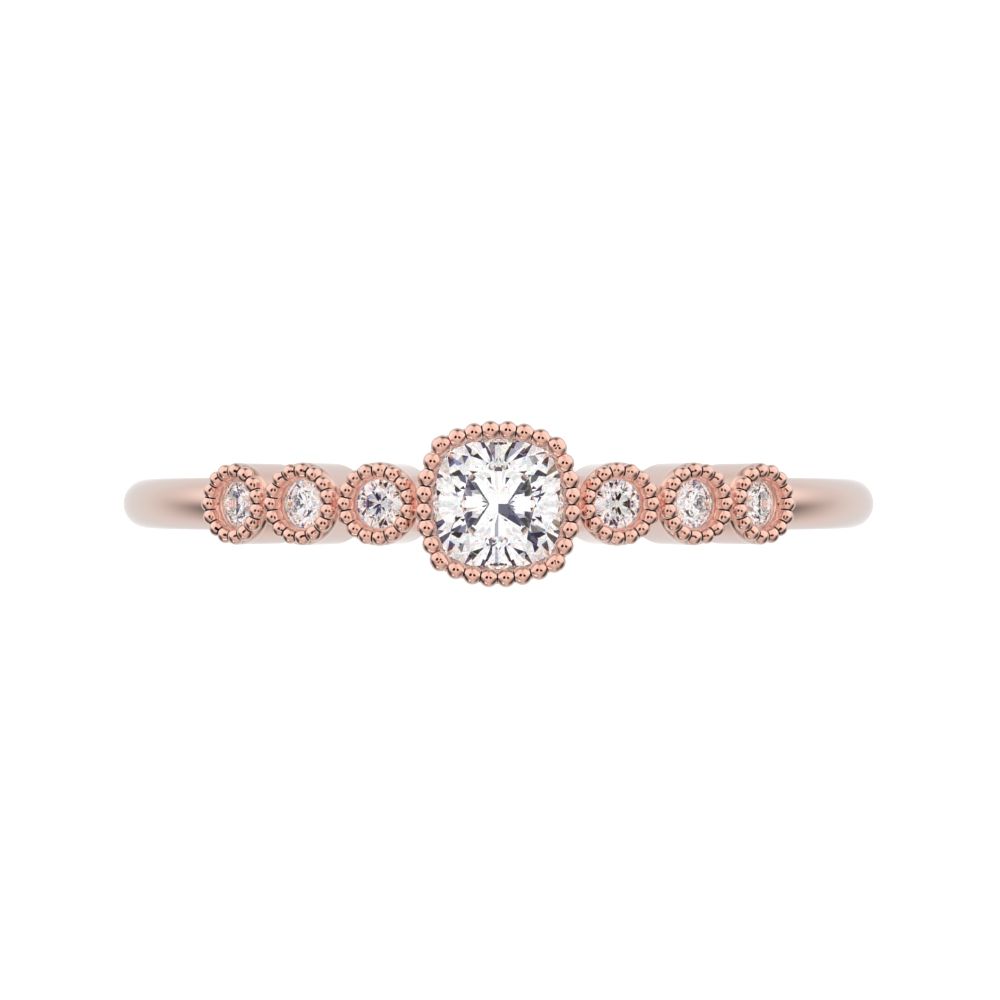 0.225 ct Cushion Cut Moissanite dainty halo Minimalist solitaire with accents bezel milgrain 14K / 18K Solid Rose Gold everyday ring
