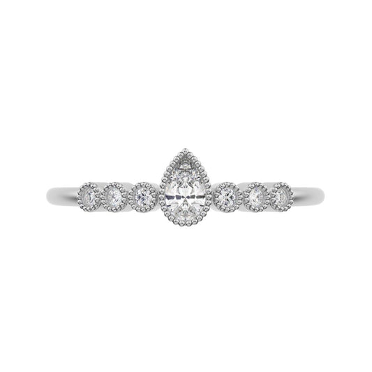 0.225 ct Pear Cut Moissanite dainty halo Minimalist solitaire with accents bezel milgrain eye 14K / 18K Solid White Gold everyday ring
