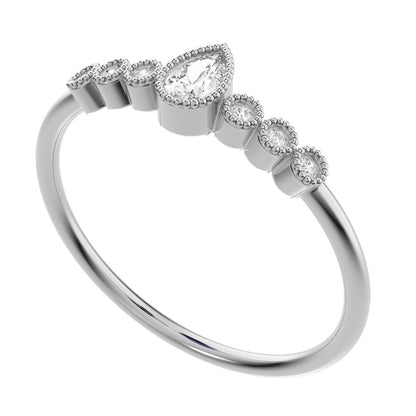 0.225 ct Pear Cut Moissanite dainty halo Minimalist solitaire with accents bezel milgrain eye 14K / 18K Solid White Gold everyday ring