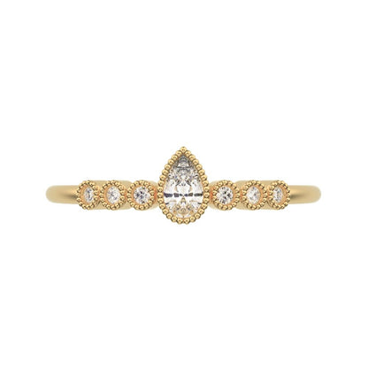 0.225 ct Pear Cut Moissanite dainty halo Minimalist solitaire with accents bezel milgrain eye 14K / 18K Solid Yellow Gold everyday ring
