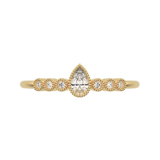 0.225 ct Pear Cut Moissanite dainty halo Minimalist solitaire with accents bezel milgrain eye 14K / 18K Solid Yellow Gold everyday ring