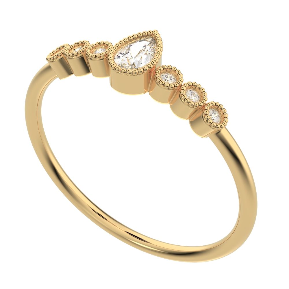 0.225 ct Pear Cut Moissanite dainty halo Minimalist solitaire with accents bezel milgrain eye 14K / 18K Solid Yellow Gold everyday ring
