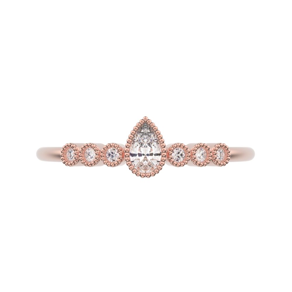 0.225 ct Pear Cut Moissanite dainty halo Minimalist solitaire with accents bezel milgrain eye 14K / 18K Solid Rose Gold everyday ring