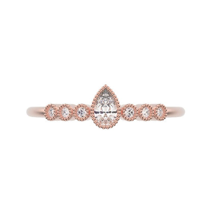 0.225 ct Pear Cut Moissanite dainty halo Minimalist solitaire with accents bezel milgrain eye 14K / 18K Solid Rose Gold everyday ring