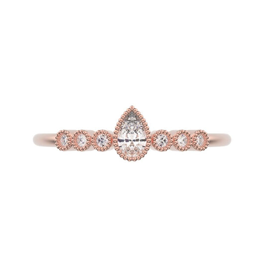 0.225 ct Pear Cut Moissanite dainty halo Minimalist solitaire with accents bezel milgrain eye 14K / 18K Solid Rose Gold everyday ring