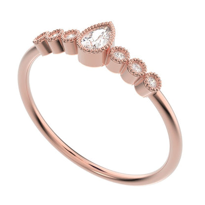 0.225 ct Pear Cut Moissanite dainty halo Minimalist solitaire with accents bezel milgrain eye 14K / 18K Solid Rose Gold everyday ring