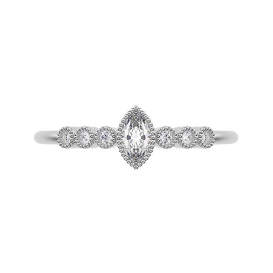 0.185 ct Marquise Cut Moissanite dainty halo Minimalist solitaire with accents bezel milgrain 14K / 18K Solid White Gold everyday ring