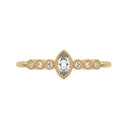 0.185 ct Marquise Cut Moissanite dainty halo Minimalist solitaire with accents bezel milgrain 14K / 18K Solid Yellow Gold everyday ring