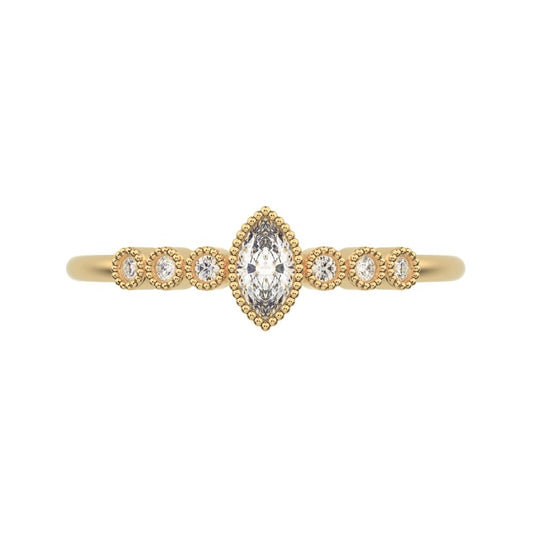 0.185 ct Marquise Cut Moissanite dainty halo Minimalist solitaire with accents bezel milgrain 14K / 18K Solid Yellow Gold everyday ring