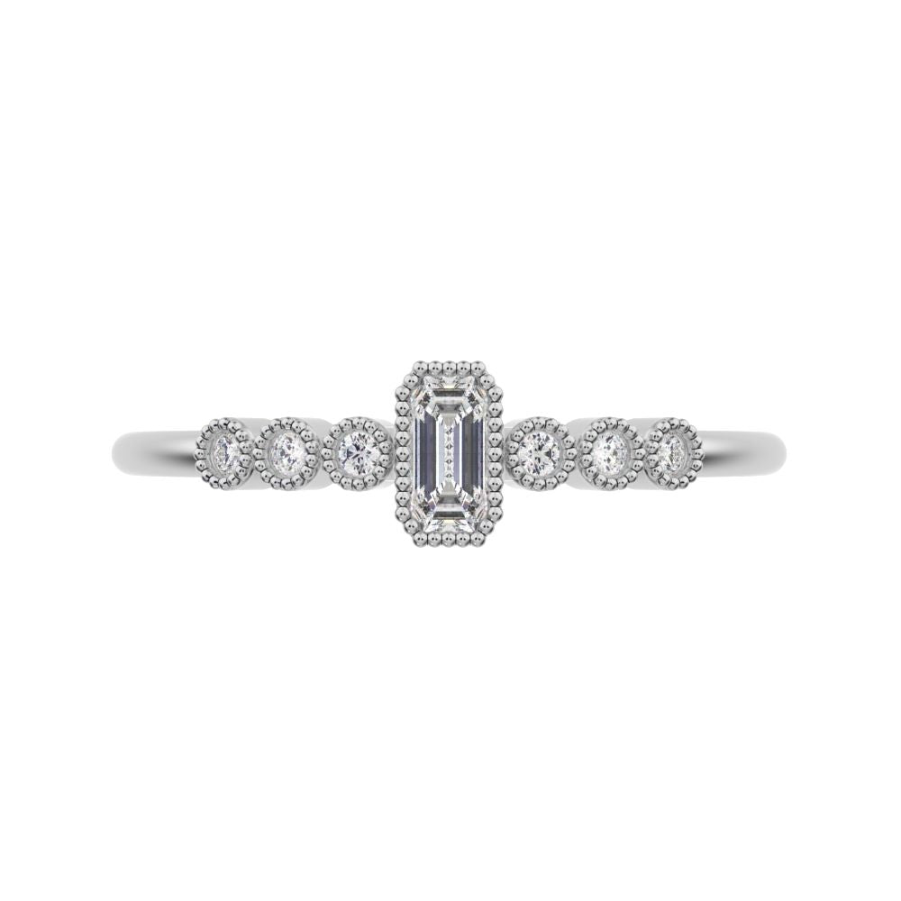 0.195 ct Emerald Cut Moissanite dainty halo Minimalist solitaire with accents bezel milgrain 14K / 18K Solid White Gold everyday ring