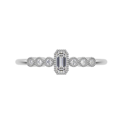 0.195 ct Emerald Cut Moissanite dainty halo Minimalist solitaire with accents bezel milgrain 14K / 18K Solid White Gold everyday ring