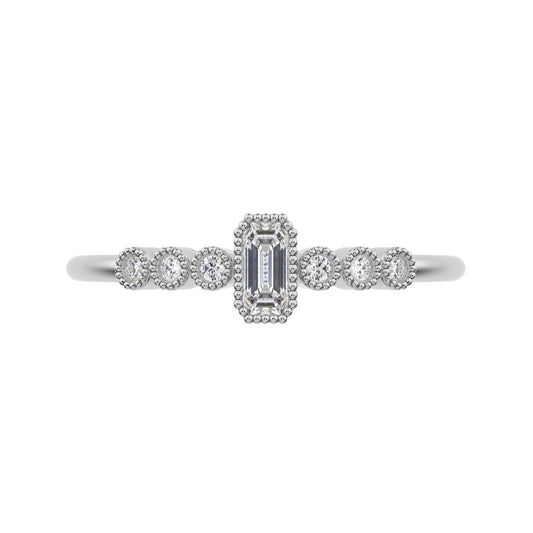 0.195 ct Emerald Cut Moissanite dainty halo Minimalist solitaire with accents bezel milgrain 14K / 18K Solid White Gold everyday ring