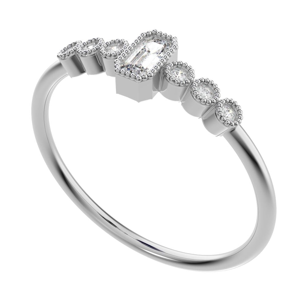 0.195 ct Emerald Cut Moissanite dainty halo Minimalist solitaire with accents bezel milgrain 14K / 18K Solid White Gold everyday ring