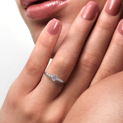 0.195 ct Emerald Cut Simulated Clear Diamond dainty halo Minimalist solitaire with accents 14K / 18K Solid White Gold everyday ring