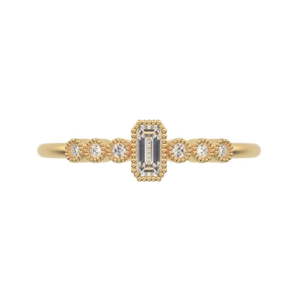 0.195 ct Emerald Cut Simulated Clear Diamond dainty halo Minimalist solitaire with accents 14K / 18K Solid Yellow Gold everyday ring