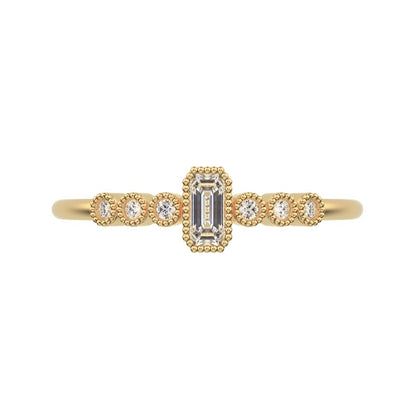 0.195 ct Emerald Cut Simulated Clear Diamond dainty halo Minimalist solitaire with accents 14K / 18K Solid Yellow Gold everyday ring