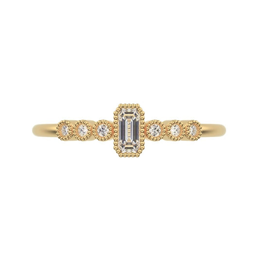 0.195 ct Emerald Cut Simulated Clear Diamond dainty halo Minimalist solitaire with accents 14K / 18K Solid Yellow Gold everyday ring