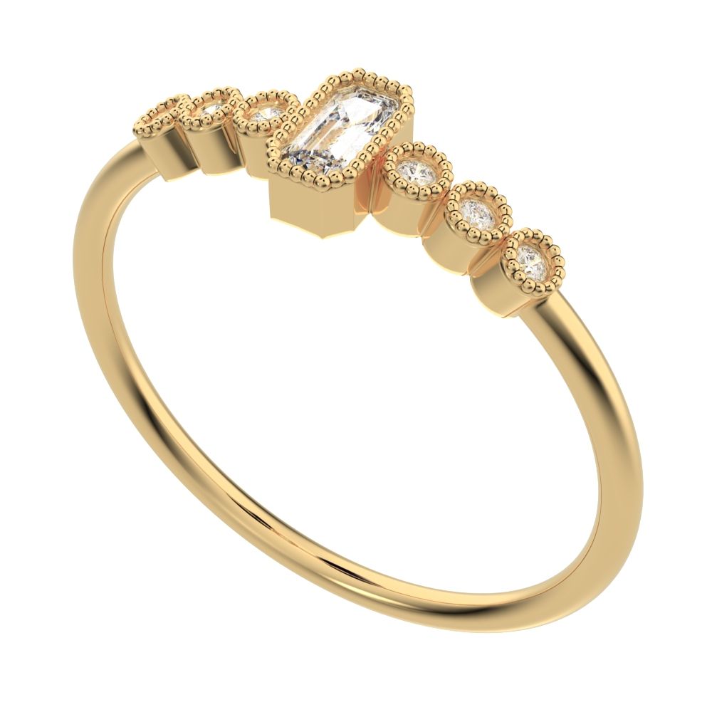 0.195 ct Emerald Cut Moissanite dainty halo Minimalist solitaire with accents bezel milgrain 14K / 18K Solid Yellow Gold everyday ring