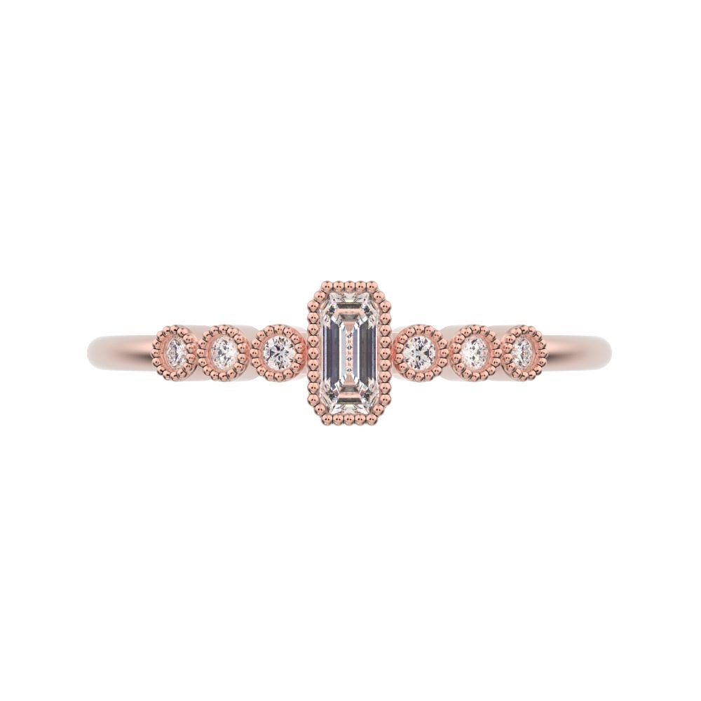0.195 ct Emerald Cut Simulated Clear Diamond dainty halo Minimalist solitaire with accents milgrain 14K / 18K Solid Rose Gold everyday ring
