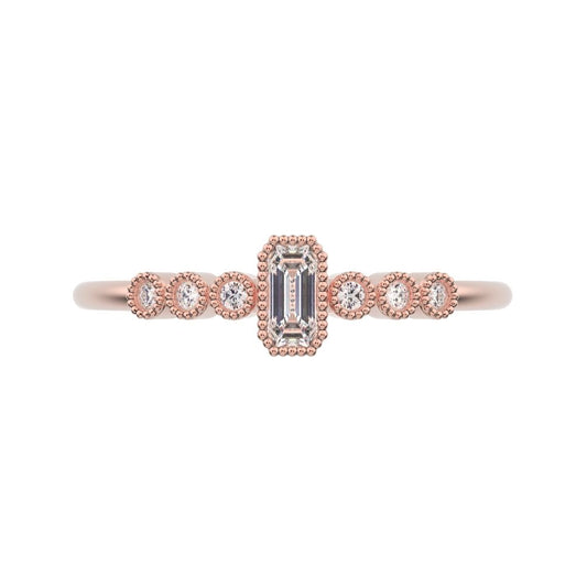 0.195 ct Emerald Cut Simulated Clear Diamond dainty halo Minimalist solitaire with accents milgrain 14K / 18K Solid Rose Gold everyday ring
