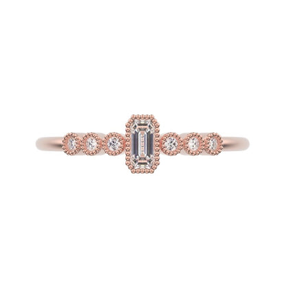 0.195 ct Emerald Cut Moissanite dainty halo Minimalist solitaire with accents bezel milgrain 14K / 18K Solid Rose Gold everyday ring