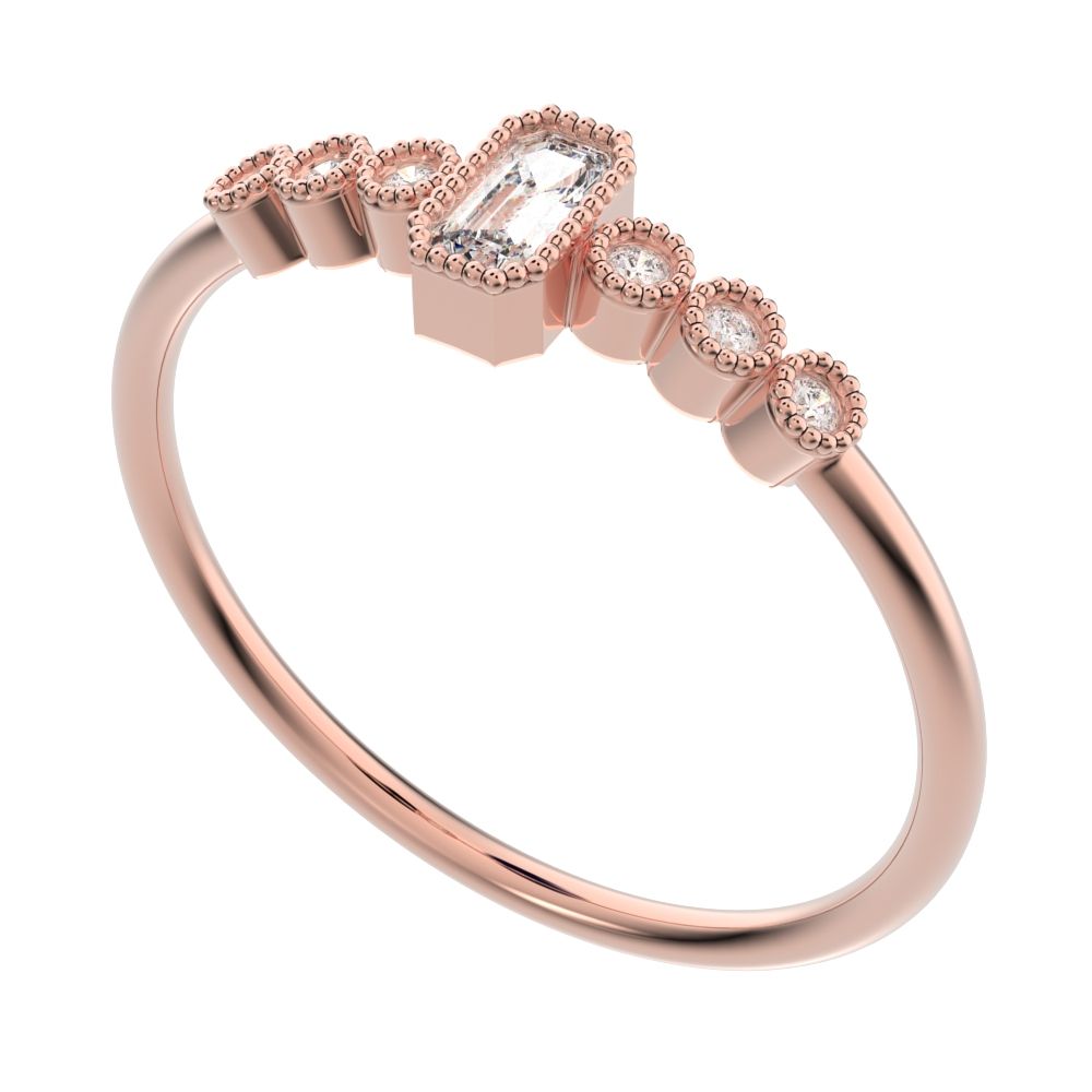 0.195 ct Emerald Cut Simulated Clear Diamond dainty halo Minimalist solitaire with accents milgrain 14K / 18K Solid Rose Gold everyday ring
