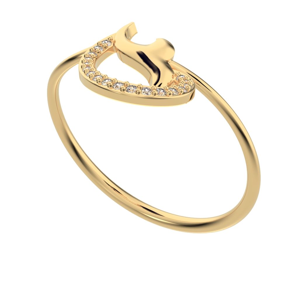 0.045 ct Round Cut Moissanite dainty Minimalist horse shoe light vertical light Abstract cocktail 14K / 18K Solid Yellow Gold everyday ring