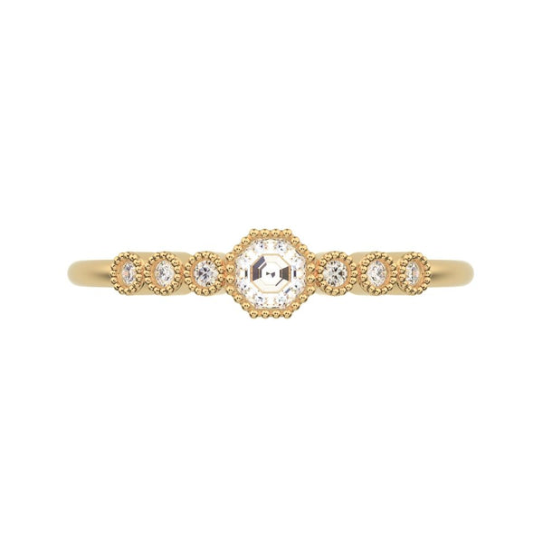 0.225 ct Octagon cut halo solitaire with accents cocktail dainty Minimalist bezel milgrain hexagon 14k Yellow Gold everyday ring