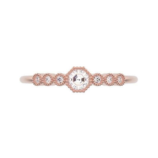 0.225 ct Octagon cut halo solitaire with accents cocktail dainty Minimalist bezel milgrain hexagon 14k Rose Gold everyday ring