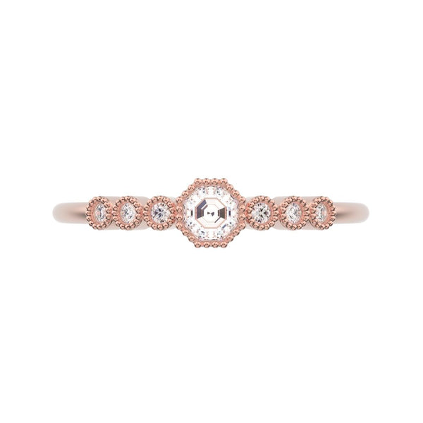 0.225 ct Octagon cut halo solitaire with accents cocktail dainty Minimalist bezel milgrain hexagon 14k Rose Gold everyday ring