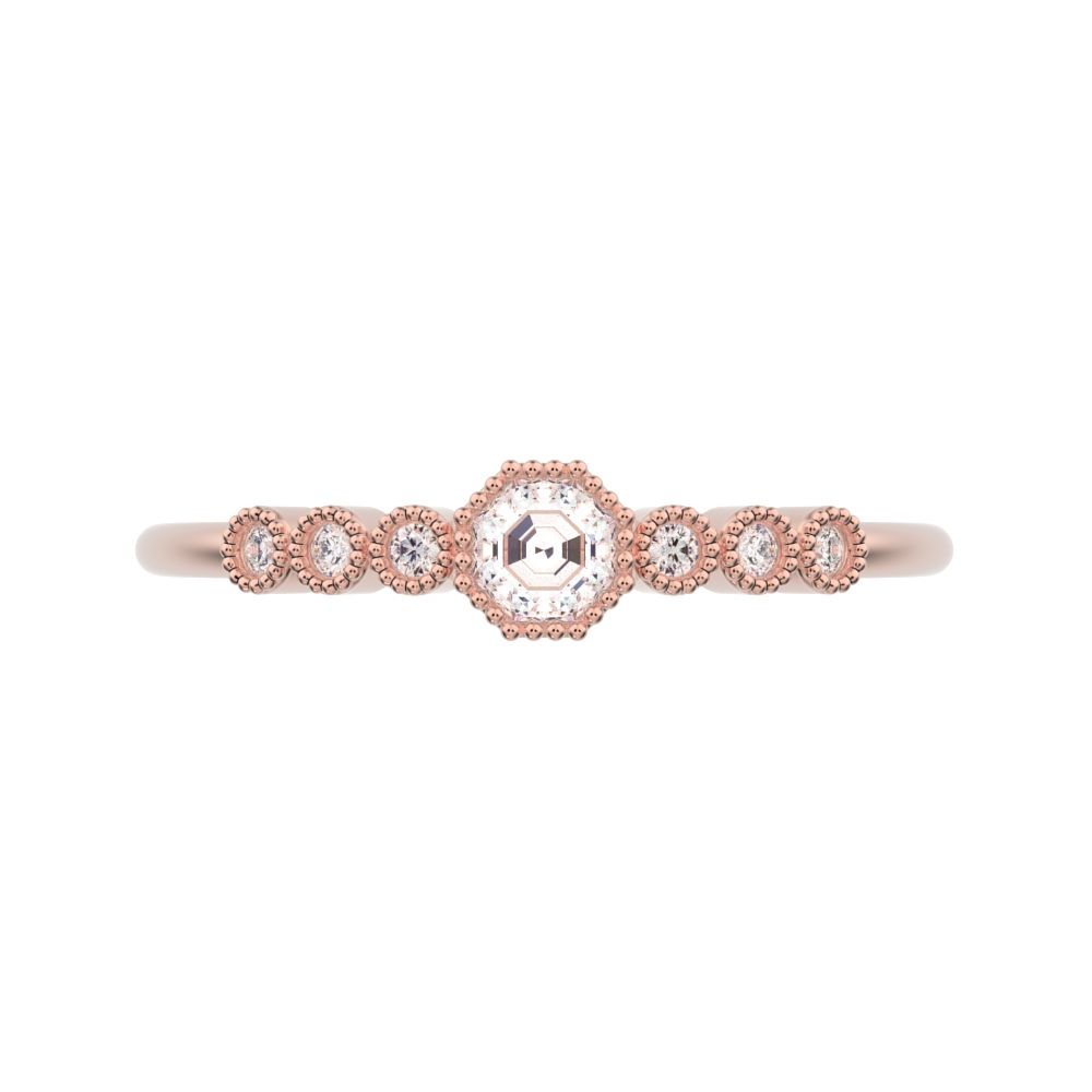 0.225 ct Octagon cut dainty halo Minimalist solitaire with accents bezel milgrain hexagon 14K / 18K Solid Rose Gold everyday ring
