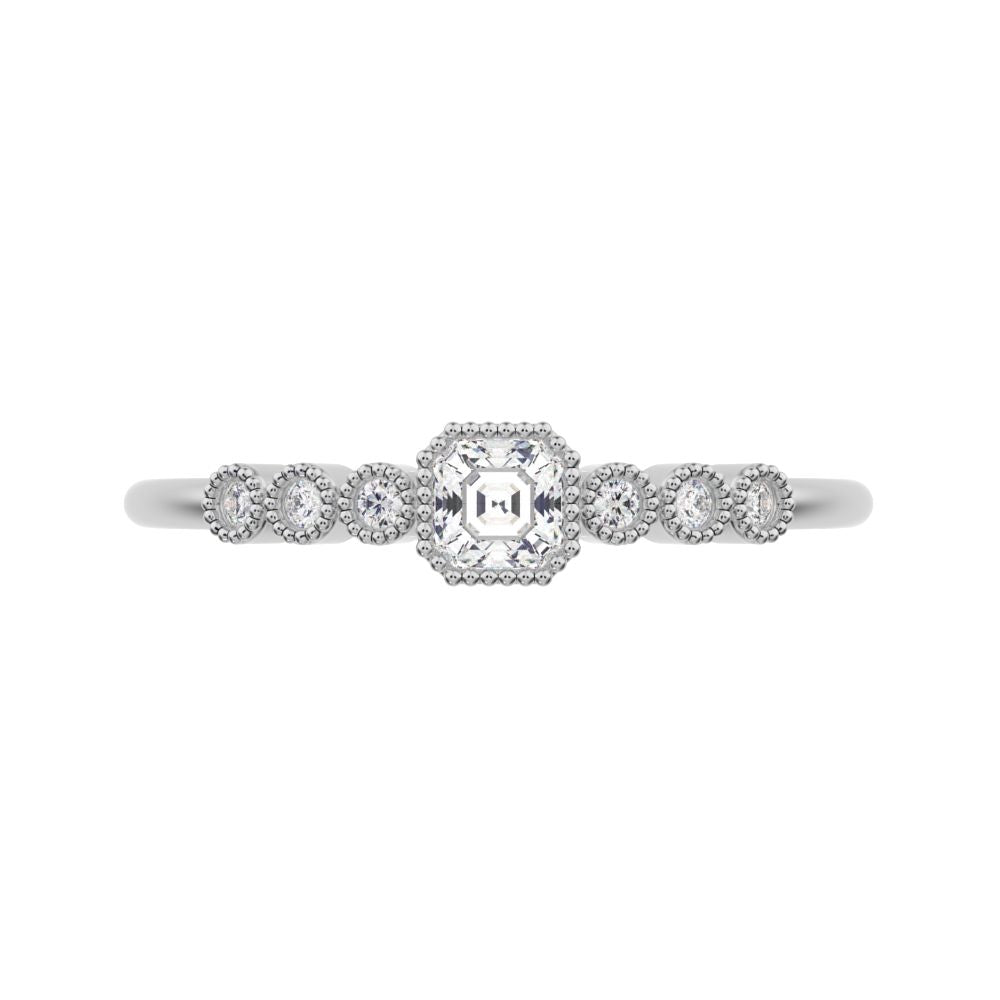 0.225 ct Cushion Cut Moissanite dainty halo Minimalist solitaire with accents bezel milgrain 14K / 18K Solid White Gold everyday ring