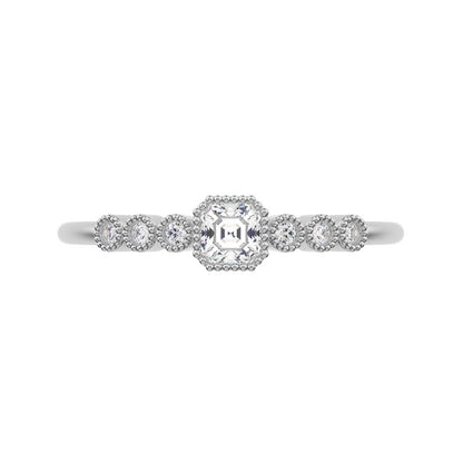 0.225 ct Cushion Cut Moissanite dainty halo Minimalist solitaire with accents bezel milgrain 14K / 18K Solid White Gold everyday ring