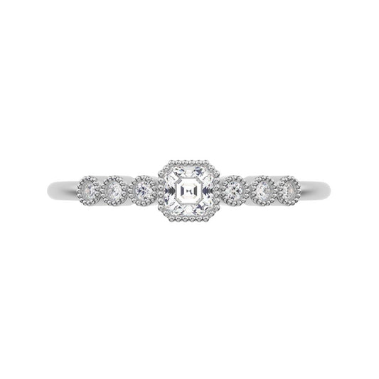 0.225 ct Cushion Cut Moissanite dainty halo Minimalist solitaire with accents bezel milgrain 14K / 18K Solid White Gold everyday ring