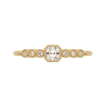 0.225 ct Cushion Cut Moissanite dainty halo Minimalist solitaire with accents bezel milgrain 14K / 18K Solid Yellow Gold everyday ring
