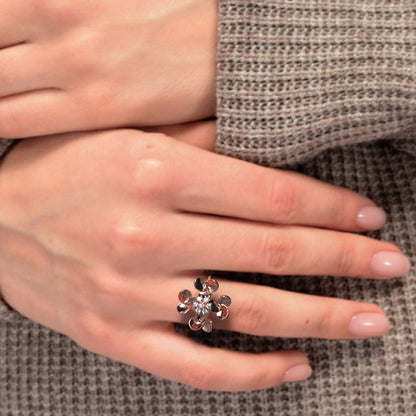 0.105 ct Round Cut Moissanite dainty Minimalist cluster petal halo vintage cocktail 14K / 18K Solid Rose Gold everyday ring