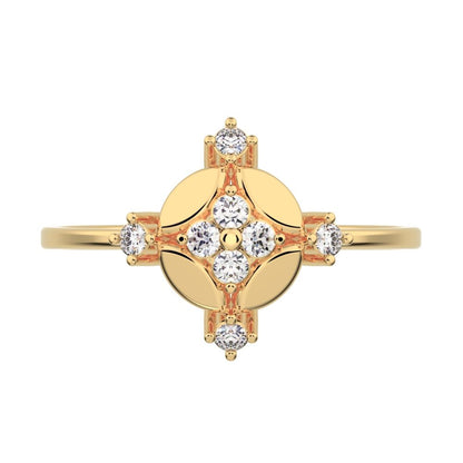 0.12 ct Round Cut Moissanite dainty Minimalist cluster eye petal halo vintage cocktail 14K / 18K Solid Yellow Gold everyday ring