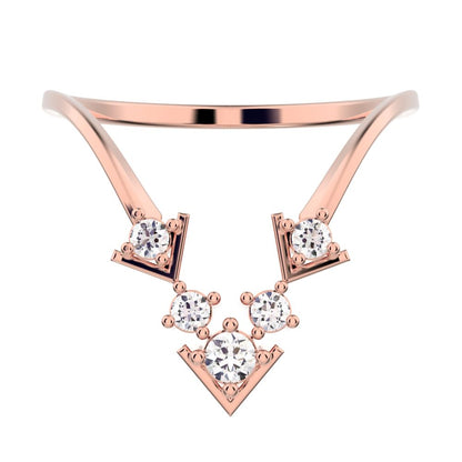 0.12 ct Round Cut Moissanite dainty Minimalist V Stackable Cocktail Symmetrical 14K / 18K Solid Rose Gold everyday wedding band