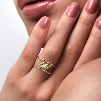 0.03 ct Round Cut Simulated Clear Diamond dainty Minimalist eye infinity Dual-band Cocktail 14K / 18K Solid Yellow Gold everyday ring