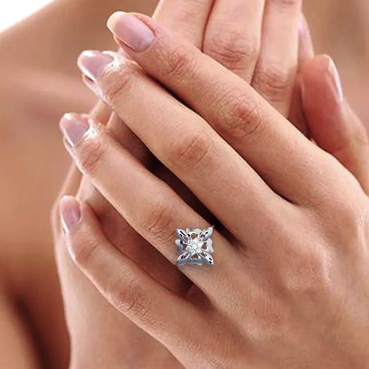0.105 ct Round Cut Moissanite dainty Minimalist cluster heart floral halo petal 14K / 18K Solid White Gold everyday ring