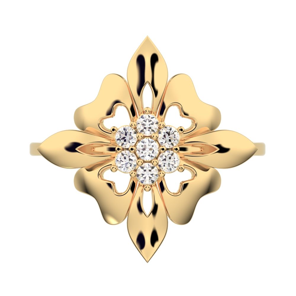 0.105 ct Round Cut Moissanite dainty Minimalist cluster heart floral halo petal 14K / 18K Solid Yellow Gold everyday ring